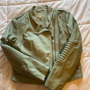 Teal “distressed” leather jacket with silver zippers